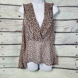 Cabi Women’s Medium Leopard Print Sleeveless Ruffle Blouse Sheer V-Neck Layering